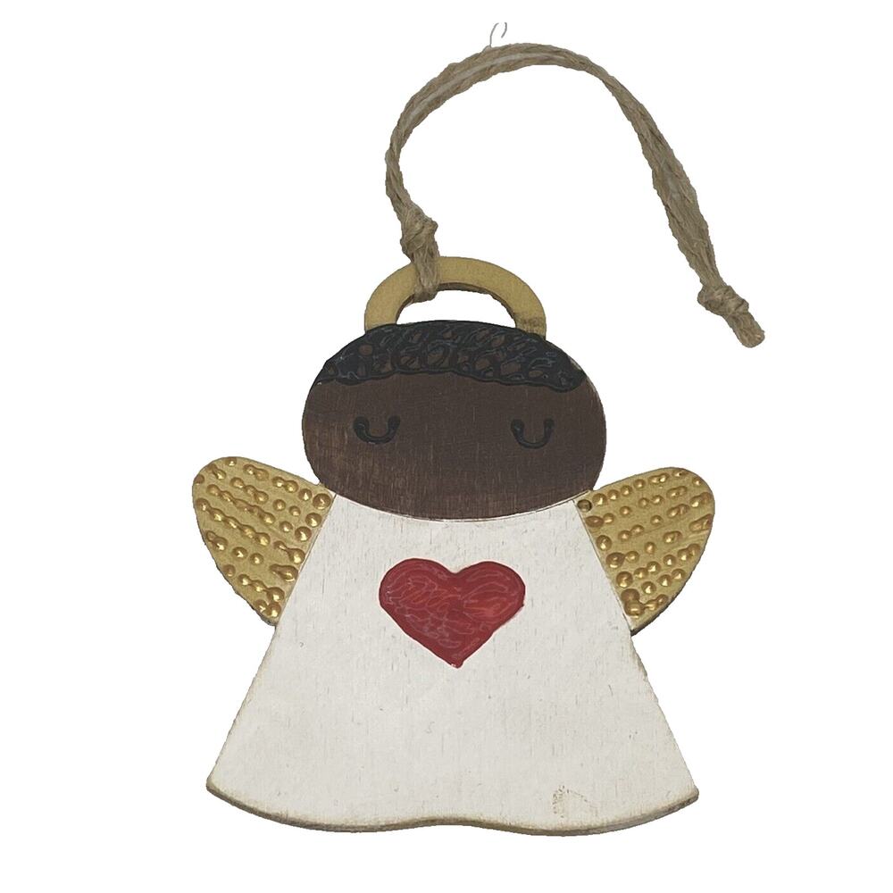 Christmas Black Angel Ornament Wood Gold Wings Red Heart Handcrafted Painted